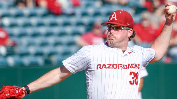 Colin Fisher throws a pitch against Central Arkansas in a Midweek Game